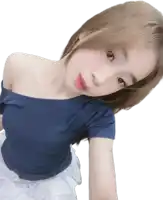 a woman in a blue off the shoulder top looks down