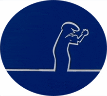 a blue circle with a white outline of a person kneeling down