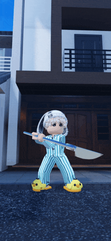 a girl in pajamas holding a sword in front of a house