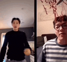 a man in a black sweater and a man in a striped shirt