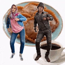 a man and woman dancing in front of a plate of food and a cup of coffee