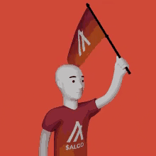 a man in a red shirt holds a flag with the letter m on it