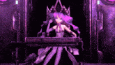 a purple anime character is sitting in a chair with a crown on her head