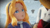 a little girl with blonde hair and blue eyes