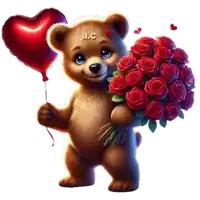 a teddy bear holding a heart shaped balloon and a bouquet of red roses
