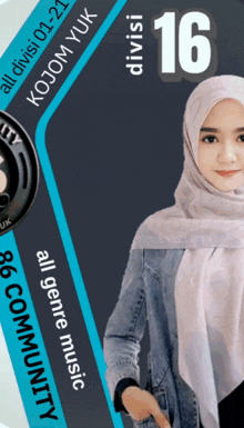 a woman wearing a hijab stands in front of a sign that says 16 divisi