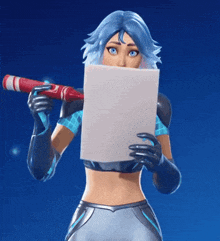 a woman with blue hair is holding a piece of paper in front of her mouth