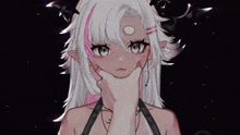 a drawing of a girl with horns and a hand on her mouth