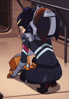 a cartoon character is kneeling down and looking down at something