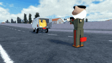 a man in a military uniform is holding a gun in front of a white van