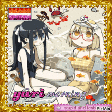 a picture of two girls on a beach with the words yuri morning written on it