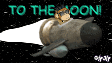 a cartoon of a monkey flying a rocket with the words to the moon behind him