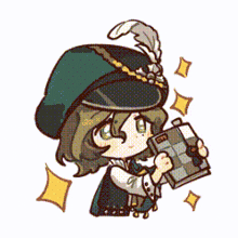 a cartoon of a girl wearing a green hat and holding a book .