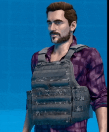 a man with a beard wearing a purple plaid shirt and a camouflage vest