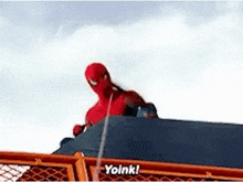 a man in a spiderman costume is standing on top of a fence .