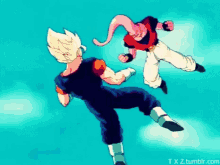 a couple of cartoon characters are fighting each other in the sky .