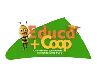a logo for educa + coop with a bee holding a magnifying glass and a graduation cap