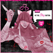 a picture of a man with a knife and a speech bubble that says " kiss me "
