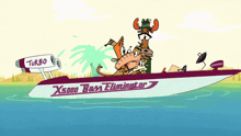a turbo x5000 bass eliminator boat with a moose on the back
