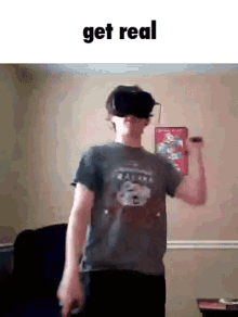 a man is wearing a virtual reality headset and flexing his muscles
