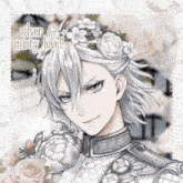 a drawing of a man with flowers in his hair and the words " silver & misty love "