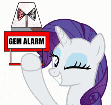 a cartoon unicorn is holding a red sign that says gem alarm