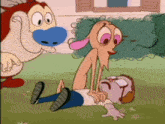 a cartoon character with a blue nose is standing next to a cartoon character with a pink nose
