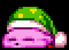 a pixel art of a pink and green cartoon character