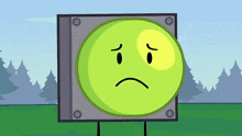 a green circle with a sad face is standing in a field .