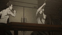 a man is holding a hammer and another man is holding a torch