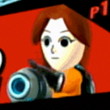 a close up of a cartoon character holding a camera in front of a red background