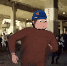 a cartoon character wearing a blue hat with a letter c on it