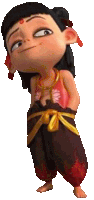 a cartoon character with a red top and black pants is standing on a white background .