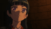 a close up of a girl with purple eyes looking up