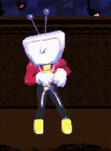 a cartoon character with a robot head is dancing on a stage .