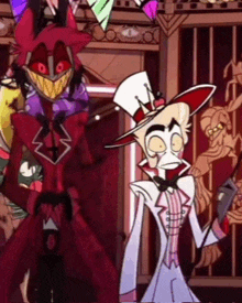 two cartoon characters are standing next to each other in a room .