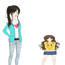 a girl in a blue jacket stands next to a girl in a yellow hoodie