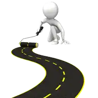 a 3d man is kneeling down and painting a road with a roller