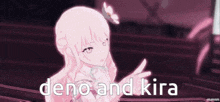 a pink anime girl with a flower in her hair and the words deno and kira