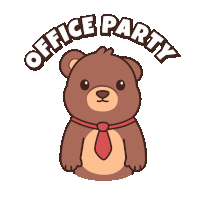 a brown teddy bear with a red tie and the words office party above him