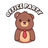 a brown teddy bear with a red tie and the words office party above him