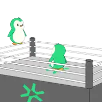 a cartoon of a penguin jumping over a ring