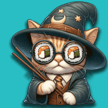 a cat wearing a wizard hat and glasses is holding chopsticks and sushi in its eyes