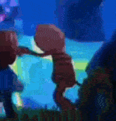 a couple of cartoon characters standing next to each other in front of a blue background