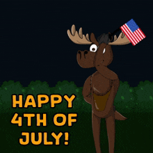 a moose is holding an american flag and watching fireworks with the words happy 4th of july