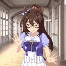 a girl with horse ears is standing in a hallway and asking for help .