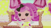 a cartoon doll with pink hair and a bow on her head