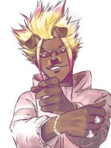 a drawing of a man with a dog 's head on his head and a ring on his finger .