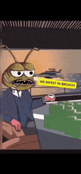 a cartoon of an ant holding a sign that says we infest in roach