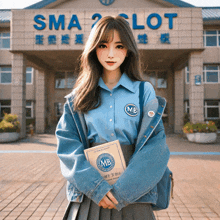 a girl holding a book in front of a building that says sma 2 slot